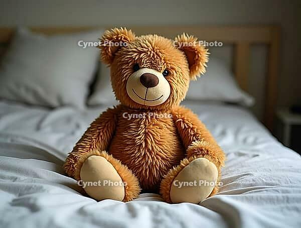 Brown teddy bear offers comfort and security on a neatly made child's bed, AI generated [IBR125645885]