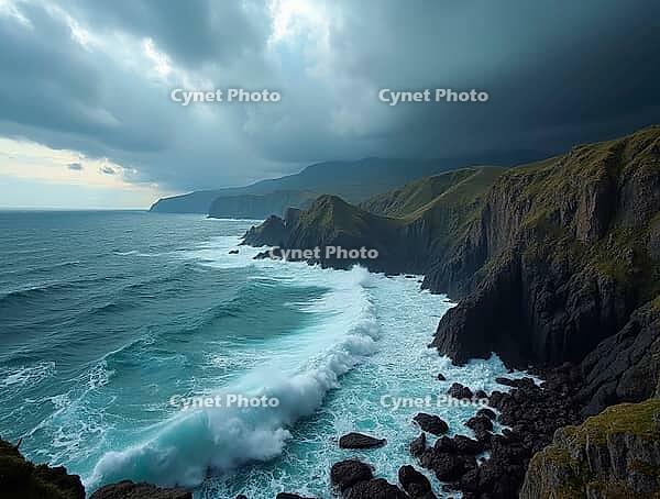 Powerful ocean waves are crashing against a rugged coastline with sharp cliffs and a dramatic sky filled with swirling clouds, AI generated [IBR125645886]
