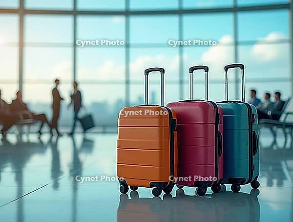 Three suitcases in an airport with travelers in the background, AI generated [IBR125645887]