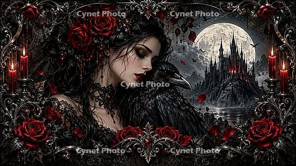 A woman with a black lace and a raven in front of a gothic castle in the moonlight, framed by red roses and candles, AI generated [IBR125645888]