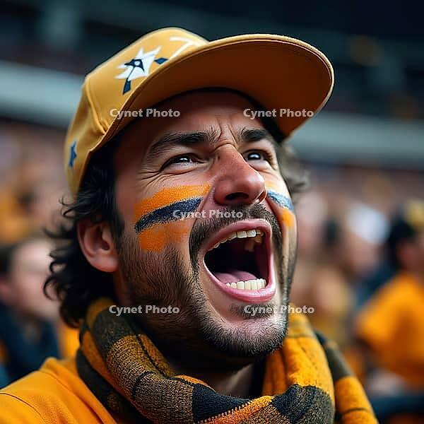 Young man with face paint and scarf showing excitement while cheering in a crowded stadium during a sports event, AI generated [IBR125645894]