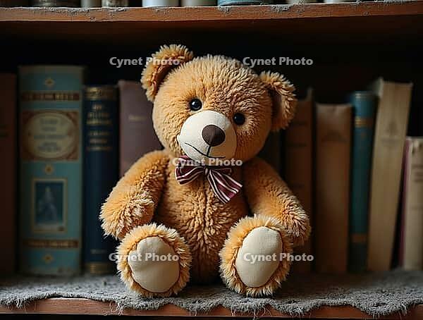 Brown teddy bear sitting on a dusty bookshelf surrounded by old books, evoking childhood memories and nostalgia, AI generated [IBR125645896]