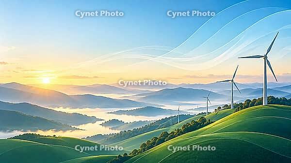 Wind turbines on green hills overlook misty valleys and distant mountains in the warm light of sunrise, AI generated [IBR125645897]
