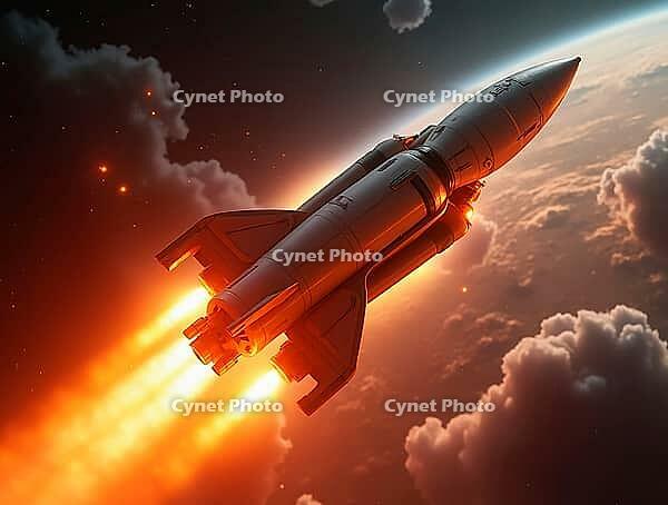 Futuristic spacecraft rocket launching from Earth, surrounded by glowing plasma and clouds, AI generated [IBR125645898]