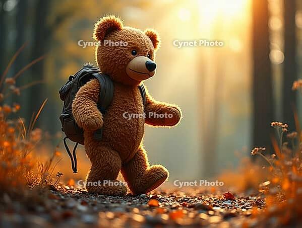 Brown teddy bear with backpack walking down a forest path at sunset, AI generated [IBR125645899]