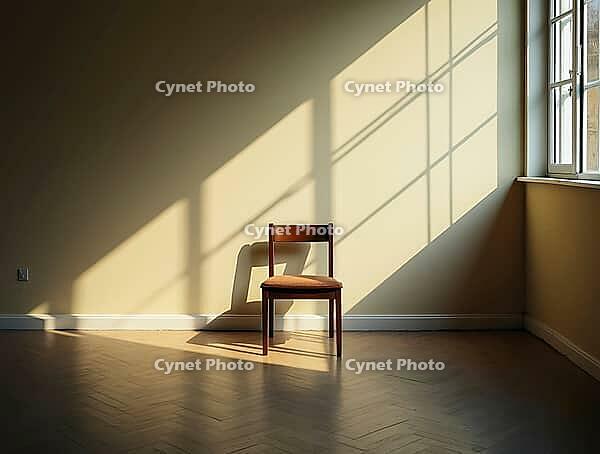 Wooden chair casting long shadow in empty room illuminated by sunlight from window, creating peaceful, minimalist atmosphere, AI generated [IBR125645900]