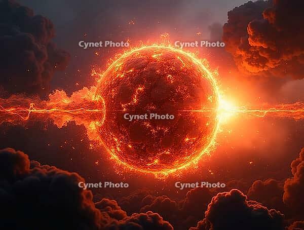 Glowing sphere surrounded by fiery energy and dark clouds, AI generated [IBR125645901]