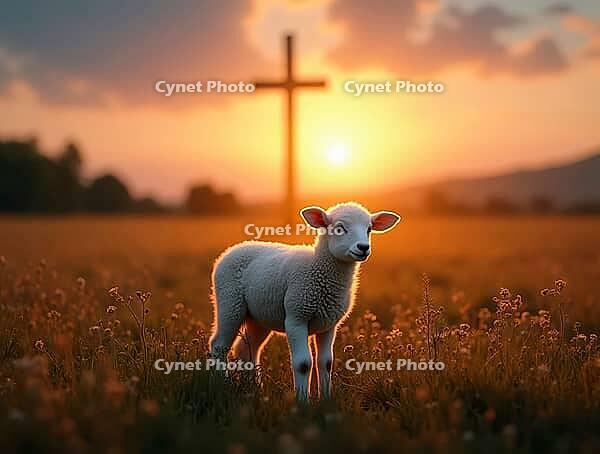 Lamb stands in a field with a glowing cross in the distance at sunset, AI generated [IBR125645903]