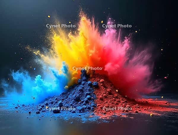 Colorful powder pigments exploding from a pile, creating a vibrant and dynamic composition against a dark background, AI generated [IBR125645904]