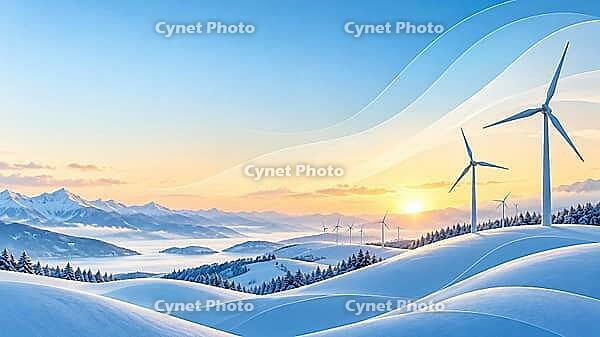 Wind turbines stand on snowy hills in front of a mountain range as the morning sun illuminates the wintry landscape, AI generated [IBR125645906]