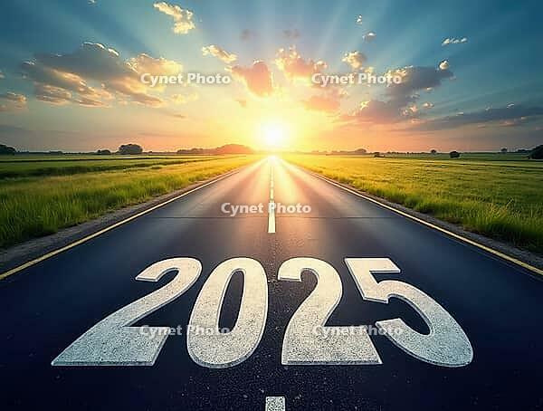 Driving towards 2025 on a countryside road at sunset, AI generated [IBR125645907]