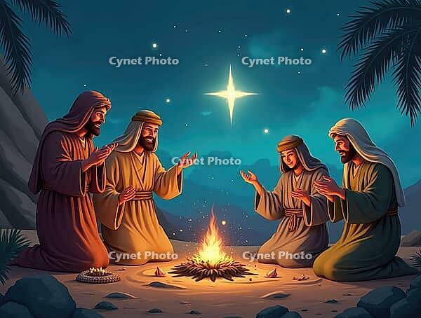 Four wise men are kneeling around a bonfire, praying and following the star of bethlehem, celebrating epiphany, AI generated [IBR125645908]