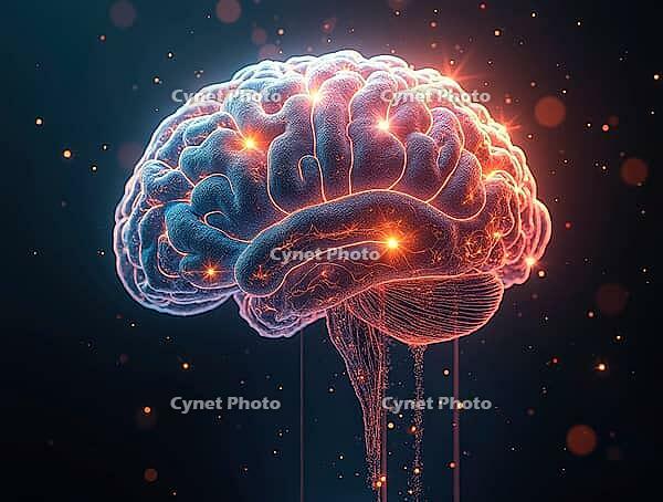 Glowing human brain highlighting intelligence, neural connections, and cognitive functions on a dark background with sparkling particles, AI generated [IBR125645909]