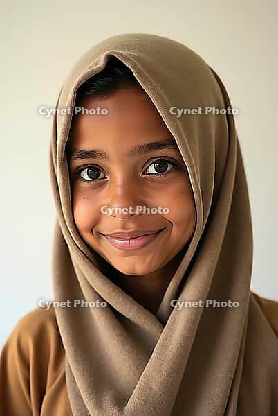 Studio portrait of a smiling young muslim girl wearing a traditional headscarf, showcasing her cultural identity, AI generated [IBR125645911]