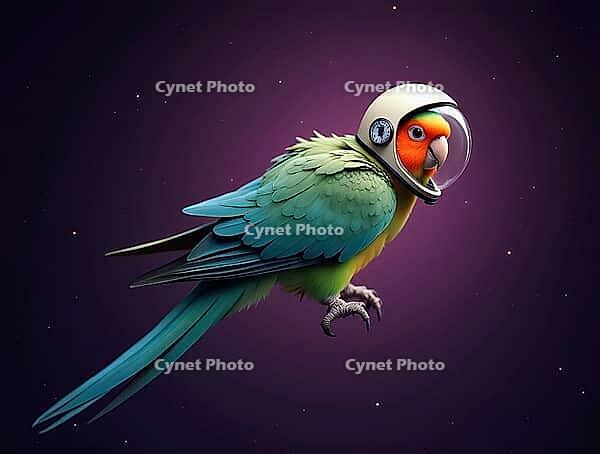 Colorful parrot wearing astronaut helmet floating in dark purple starry space, AI generated [IBR125645912]