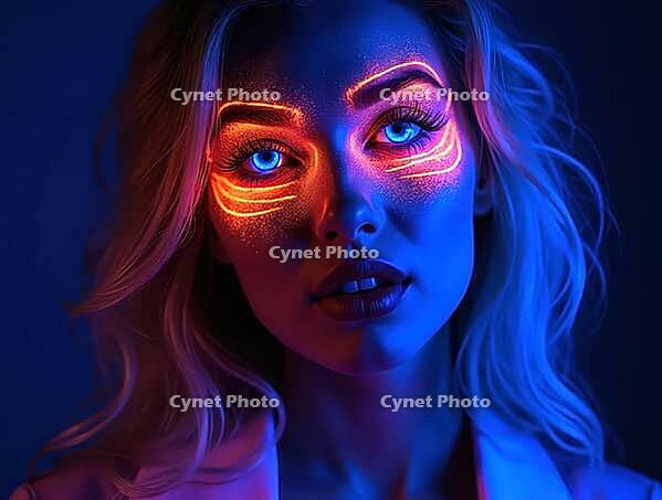 Portrait of a model showing artistic neon fluorescent uv makeup glowing under blacklight, AI generated [IBR125645913]