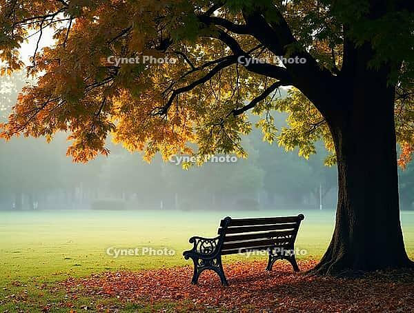 Empty bench inviting to rest under a tree with colorful foliage during a misty morning in a park, AI generated [IBR125645915]