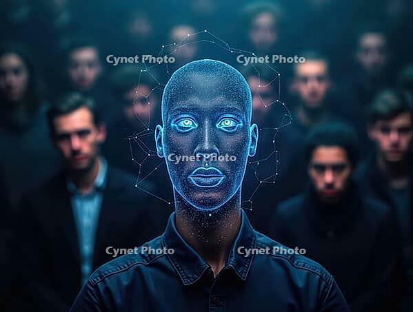 Digital system highlights faces in a crowd for recognition, AI generated [IBR125645916]