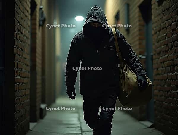 Criminal carrying a bag of stolen valuables, fleeing through a shadowy alleyway at night, AI generated [IBR125645917]