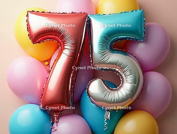 Foil balloons forming the number 75 surrounded by colorful balloons, celebrating a seventy-fifth birthday, AI generated [IBR125645918]