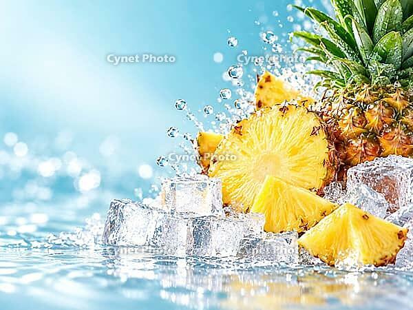 Juicy pineapple slices and pieces lie with ice cube cubes in the splashing water against a light blue background, AI generated [IBR125645919]