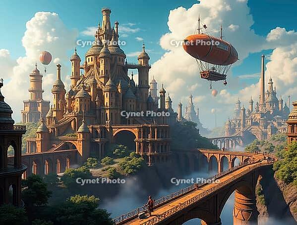 Steampunk-inspired city featuring intricate gears, moving pipes, and floating airships in a futuristic, yet vintage setting, AI generated [IBR125645920]
