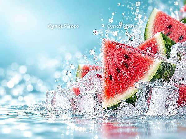 Red watermelon slices with black seeds lie between ice cube cubes and splashing water against a light blue background, AI generated [IBR125645922]