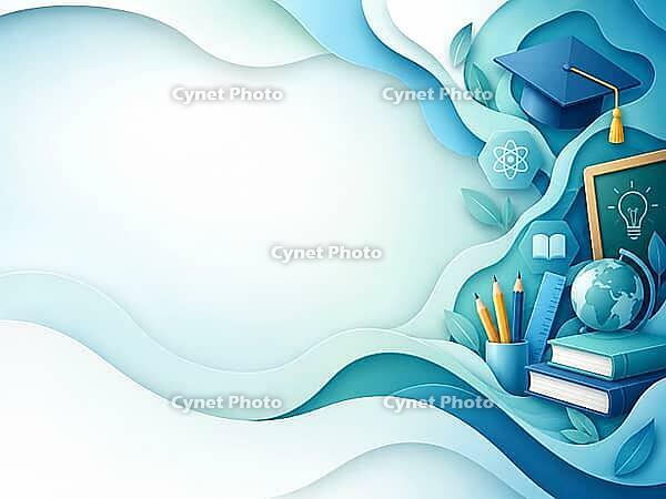 Books, pencils, globe and doctor's hat represent learning and science on an abstract background in blue and turquoise, AI generated [IBR125645923]