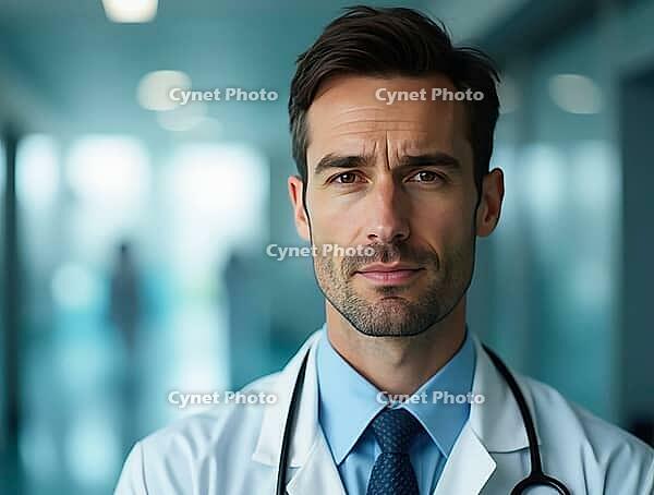 Doctor in a hospital corridor with a focused expression, AI generated [IBR125645925]