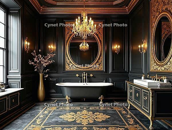 Elegant bathroom showcasing black and gold color scheme, intricate mosaic tile floor, freestanding bathtub, and a crystal chandelier, AI generated [IBR125645926]