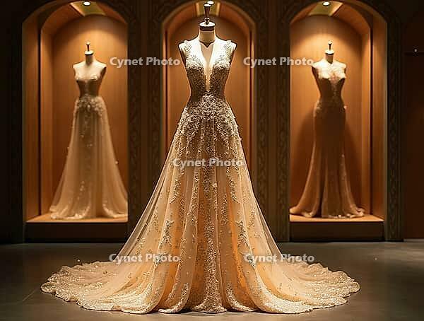 Luxurious bridal boutique showcasing a collection of intricately beaded couture wedding gowns, creating an atmosphere of elegance and sophistication, AI generated [IBR125645927]
