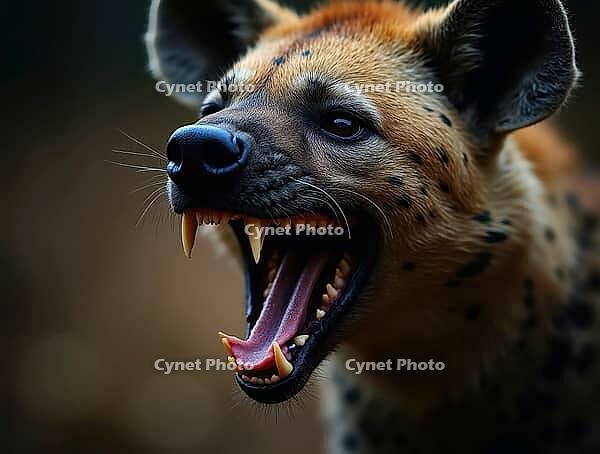 Close-up of a spotted hyena roaring, revealing its sharp teeth, AI generated [IBR125645928]