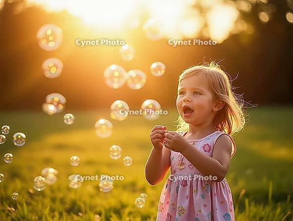Little girl having fun blowing soap bubbles in a field at sunset, enjoying a summer day outdoors, AI generated [IBR125645929]