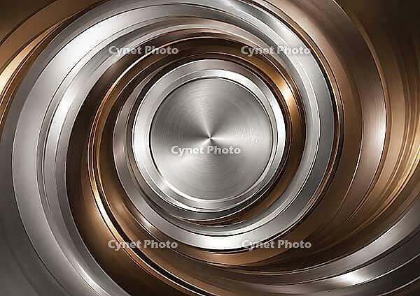 Concentric silver and bronze metal rings form a symmetrical spiral pattern with a glossy surface, AI generated [IBR125645930]