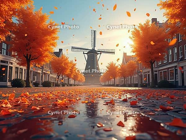 Orange leaves falling on a wet street at sunrise in a picturesque dutch town with a windmill, creating a cozy autumnal scene, AI generated [IBR125645931]