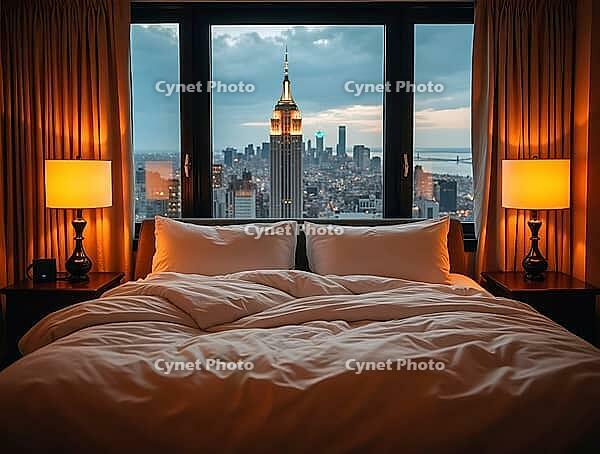 Cozy Hotel Room Overlooking Empire State Building in New York City, AI generated [IBR125645932]