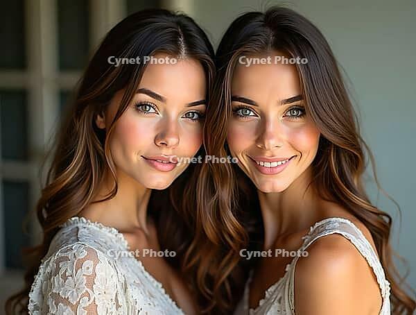 Two beautiful twin sisters are smiling and posing together, AI generated [IBR125645935]