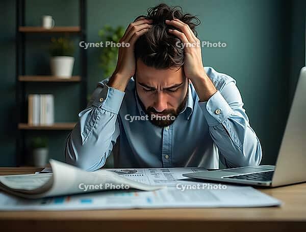 Businessman suffering from headache and stress while working on laptop in office, AI generated [IBR125645938]