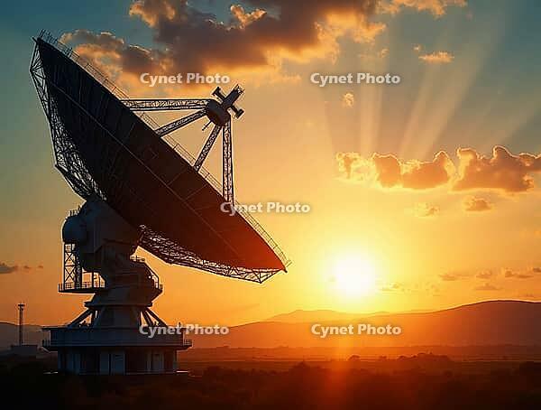 Radio telescope silhouetted by a vibrant sunset with golden rays, AI generated [IBR125645939]
