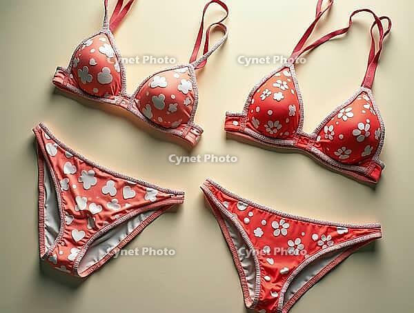Two matching coral pink bikini sets, one with a flower print and the other with a cloud print, displayed on a beige surface, AI generated [IBR125645940]