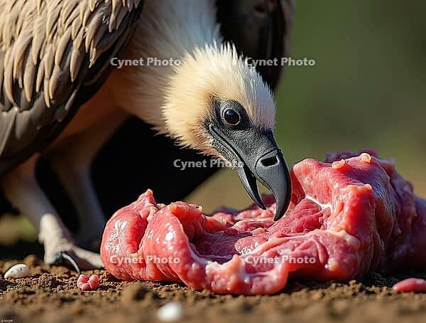 Close-up of a vulture enjoying a meal of raw meat in its natural environment, AI generated [IBR125645941]