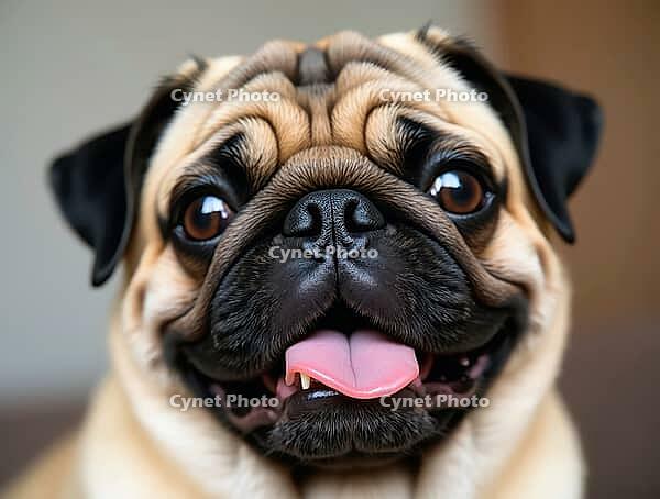 Happy pug sticking out its tongue and panting in a close-up portrait, showcasing its adorable wrinkles and playful expression, AI generated [IBR125645942]