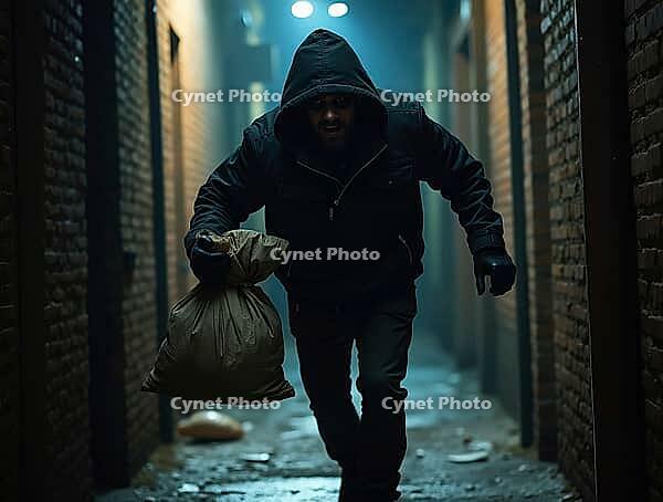 Masked burglar running through alleyway at night, carrying sack of stolen goods, AI generated [IBR125645944]