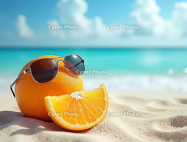 Orange with sunglasses relaxes on a sandy beach with a slice beside it, enjoying the sunny seascape, AI generated [IBR125645945]