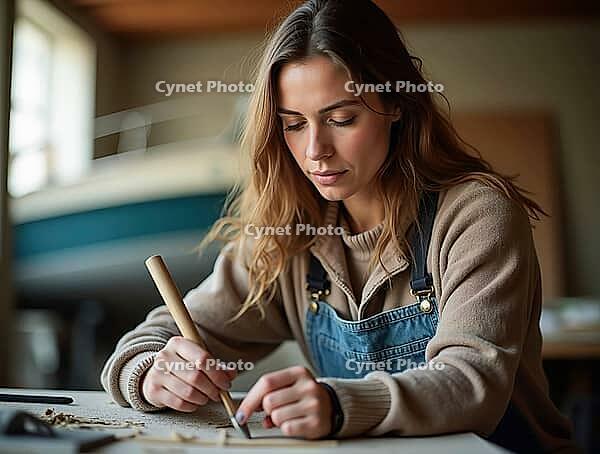 Young craftswoman meticulously carving wood, crafting boat parts in her workshop, showcasing craftsmanship and dedication, AI generated [IBR125645946]