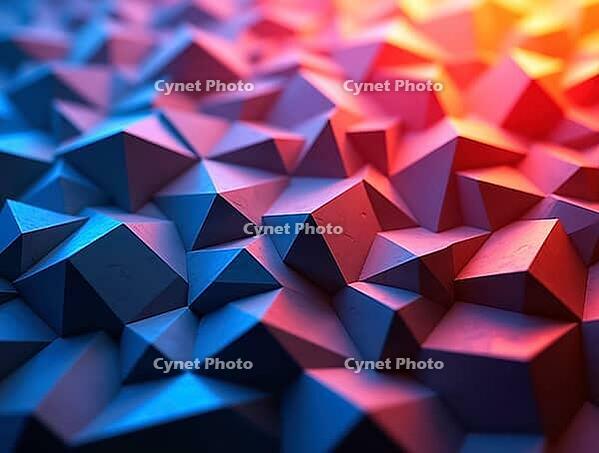 Blue and orange light illuminating geometric background with low poly triangles creating abstract pattern, AI generated [IBR125645947]