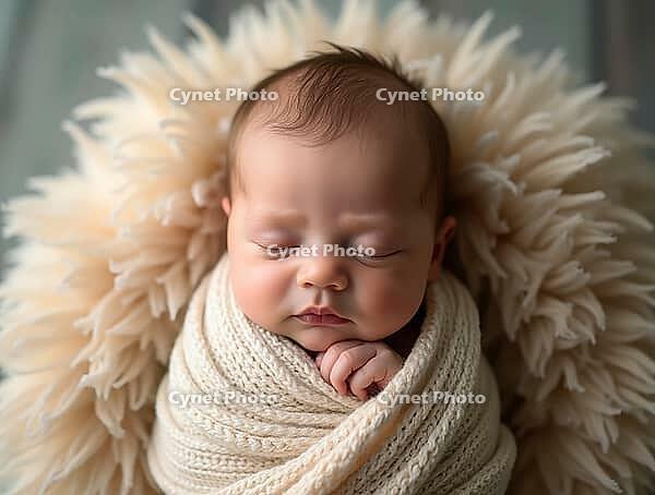 Newborn baby sleeping peacefully wrapped in a cozy blanket on a fluffy surface, enjoying a gentle lighting, AI generated [IBR125645948]