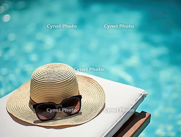 Straw sun hat and sunglasses are resting on a lounge chair beside a sparkling blue swimming pool, inviting relaxation, AI generated [IBR125645949]