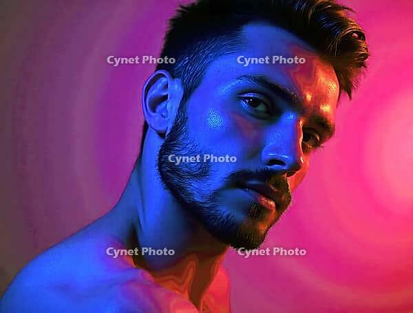 Man's face illuminated by vibrant red and purple neon lights, AI generated [IBR125645951]
