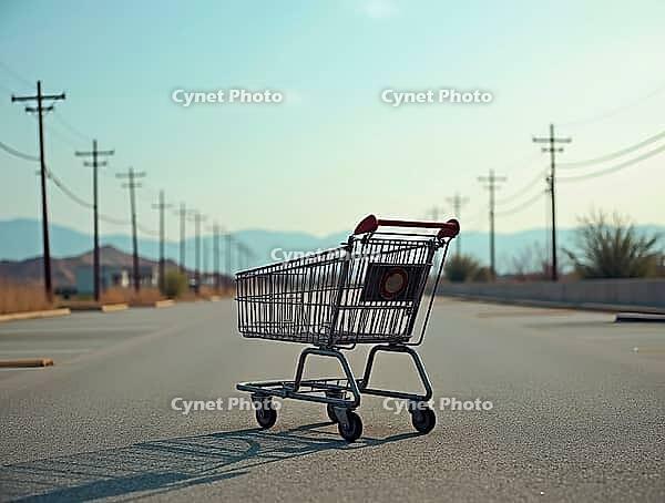 Empty shopping cart standing in the middle of a deserted parking lot, symbolizing economic downturn or retail apocalypse, AI generated [IBR125653405]